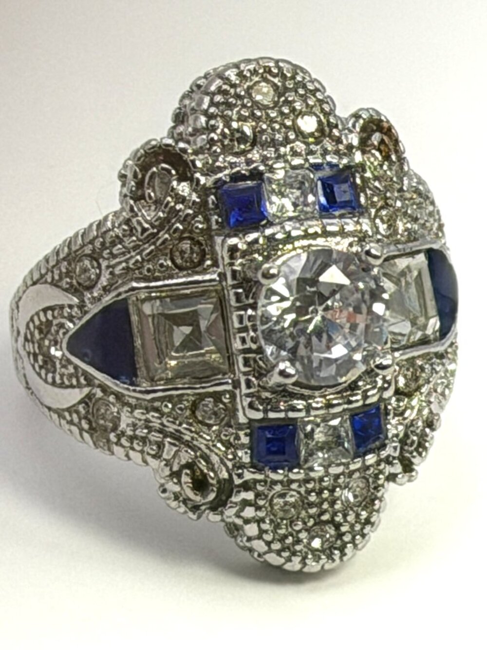 Art Deco Revival Ring Blue Clear CZ  Cocktail Size 8